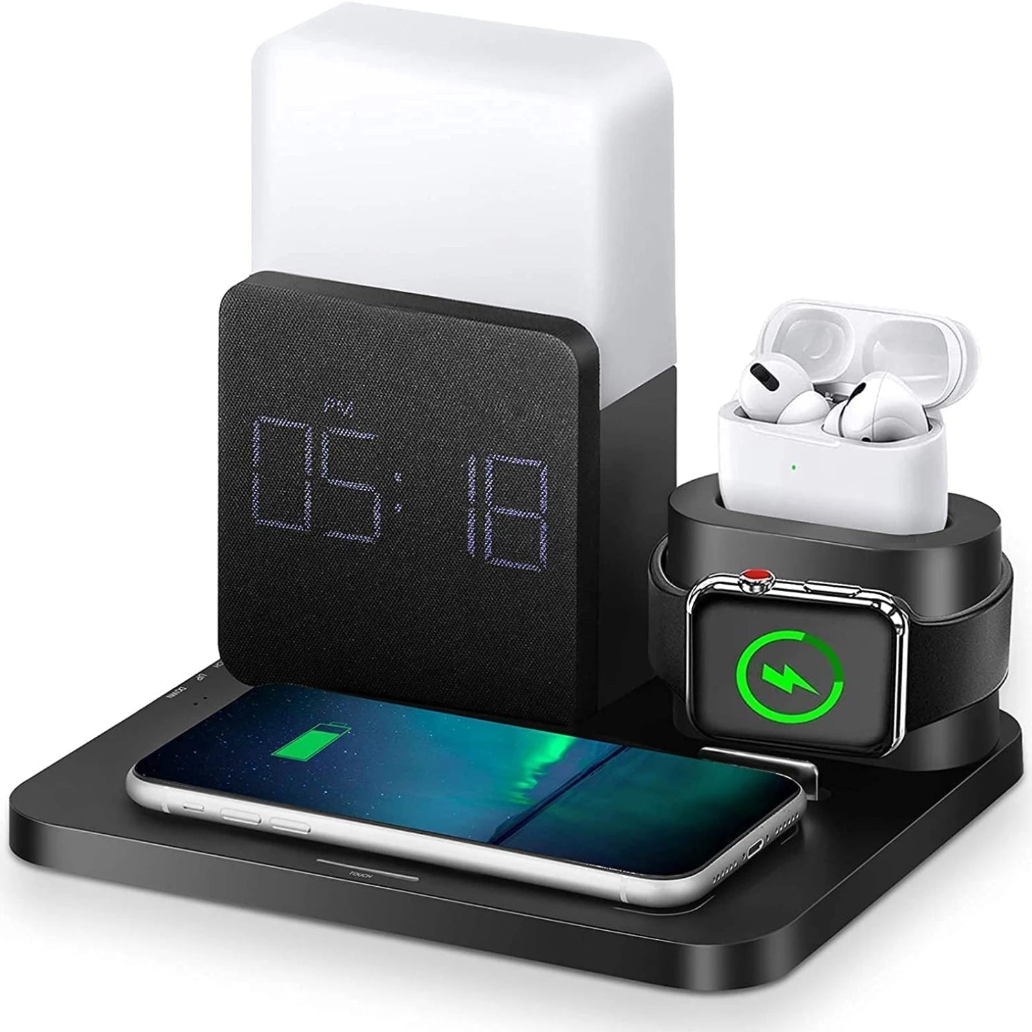 4 in 1 Fast Wireless Charger Station & Lamp With Alarm Clock