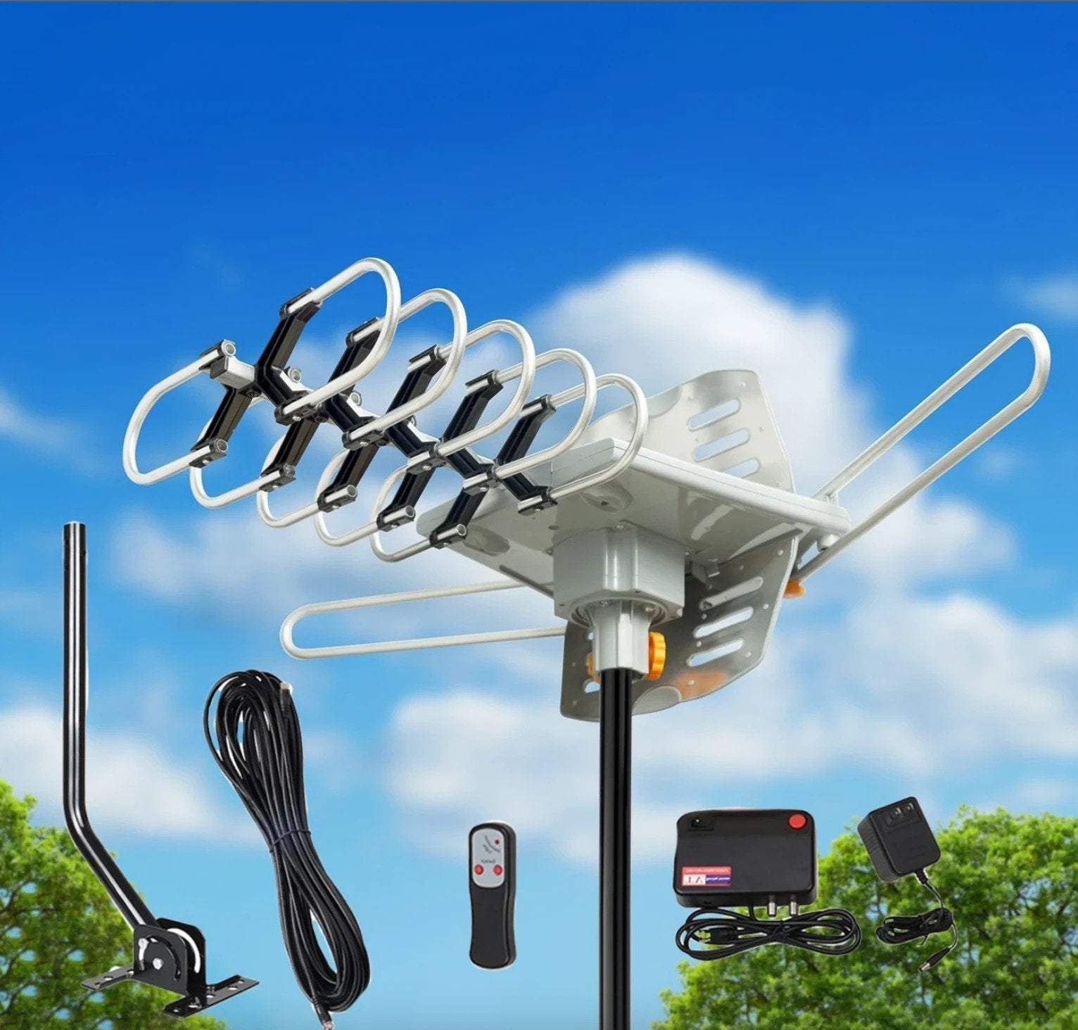 150 Miles Outdoor Digital Amplified HDTV Antenna, Motorized 360° Rotation-Support 2 TVs & Mounting Pole